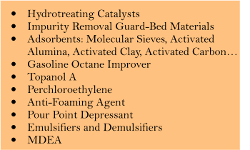 �	Hydrotreating Catalysts �	Impurity Removal Guard-Bed Materials  �	Adsorbents: Molecular Sieves, Activated Alumina, Activated Clay, Activated Carbon� �	Gasoline Octane Improver �	Topanol A �	Perchloroethylene �	Anti-Foaming Agent �	Pour Point Depressant �	Emulsifiers and Demulsifiers �	MDEA